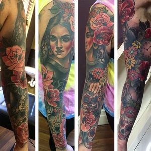 Lady, skull and roses sleeve by Jasmin Austin. #sleeve #lady #skull #roses #flowers #Jasmin Austin