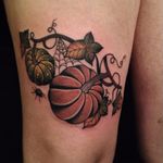 Pumpkin tattoo by Hilary Jane Petersen #HilaryJanePetersen #nature #neotraditional #surrealistic #magic #pumpkin #spiderweb #spider #witch #halloween