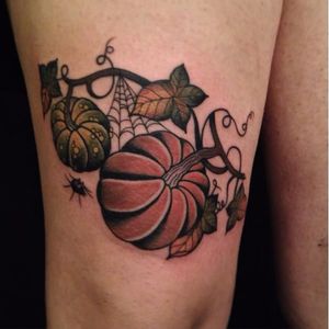 Pumpkin tattoo by Hilary Jane Petersen #HilaryJanePetersen #nature #neotraditional #surrealistic #magic #pumpkin #spiderweb #spider #witch #halloween