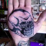 Skull on the palm in its healing stage. Tattoo done by El Carlo. #ElCarlo #ElCarloTattoos #boldtattoos #surreal #skull #palm