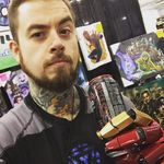 A photograph of Tony Sklepic and some of his art at a convention (IG-tonysklepictattoo). #color #nerdy #realism #TonySkleptic