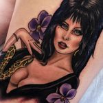 Elvira tattoo by Rose Hardy #RoseHardy #ladytattoo #color #portrait #lady #Elvira #orchids #snake #reptile #80s #horror #funny #movietattoo #movie #actress #jewelry #fabulous #tattoooftheday