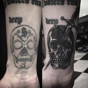 Cover up tattoo by Gara. #Gara #blackandgrey #skull #coverup