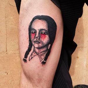 Dotwork Wednesday Addams Tattoo by Margaret Rive at Eletric Tattoo #MargaretRive #ElectricTattoo #Dotwork #Wednesday #Addams #AddamsFamily