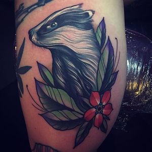 Neo traditional badger and flower tattoo by Roger Ziegler. #flower #badger #neotraditional #styledrealism #RogerZiegler