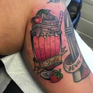 'Pulp Fiction' inspired milkshake tattoo by Alex Rowntree. #PulpFiction #milkshake #strawberry #cherry #traditional #AlexRowntree