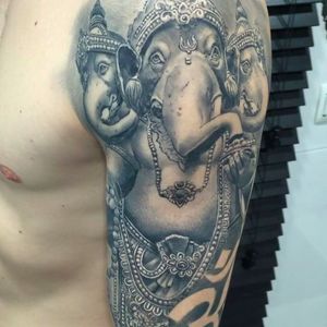 Insane details on this Ganesh tattoo done by Miguel Angel Bohigues. #miguelangelbohigues #blackandgrey #elephant #royalelephant #Ganesh