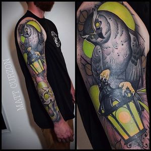 Neo-Traditional Sleeve Tattoo by Matt Curzon #neotraditional #owl #neotraditionalsleeve #sleeve #inspiration #MattCurzon