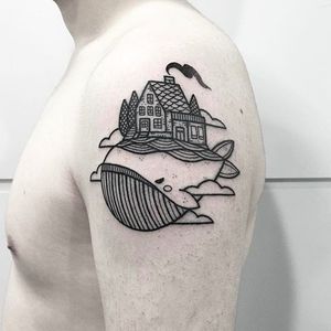 House and Whale Tattoo by @Hugotattooer #Hugotattooer #Black #Blackwork #Linework #Lineworktattoos #Blackworktattoos #Blacktattoos #Seoul #Korea #House #Whale