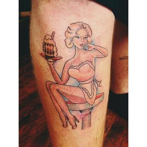 A pin up holding a root beer (via IG -- tiffytuffington) #rootbeer #rootbeertattoo #pinup