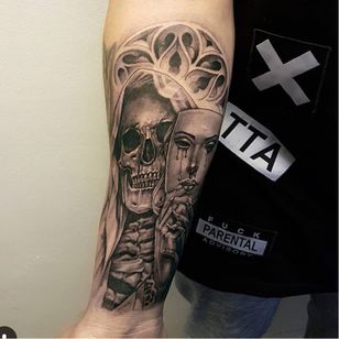 Tatuaje de Y Abel de Zoo Tattoos #OGAbel #art #chicano #blackandgrey #ZooTattoos #reaper #skull #mask