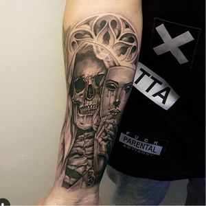 OG Abel tattoo by Zoo Tattoos #OGAbel #art #chicano #blackandgrey #ZooTattoos #reaper #skull #mask