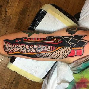 Crocodile head tattoo by @TeideTattoo #TeideTattoo #SevenDoorsTattoo #Neotraditional #Eccentric #AnimalTattoos #Crocodile