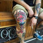 Tattoo by Julian Frogon. #julianfrogon #blessedtattoo #neotraditional #demon #kneecaptattoo #kneecap #demon #demonhead