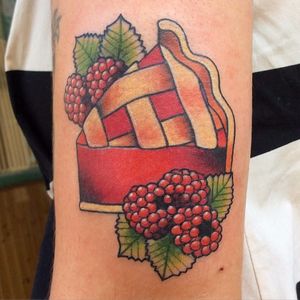 This slice of pie is calling your name. Tattoo by @tattoosbymeri. #fruit #raspberry #neotraditional #pie #dessert #tattoosbymeri