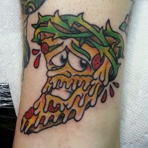 Pizza Jesus Tattoo by Brandon Henderson #PizzaJesus #JesusPizza #PizzaTattoo #JesusTattoo #PizzaTattoos #JesusTattoos #FunnyTattoos #WeirdTattoos #BrandonHenderson