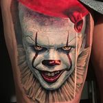 Pennywise the Clown Tattoo by Evan Olin #EvanOlin #color #realism #realistic #hyperrealism #photorealism #Pennywise #movietattoo #clown #horror #balloon #circus #darkart #tattoooftheday
