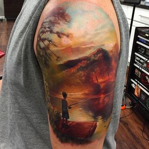 Child fishing off the dock. Tattoo by Kyle Cotterman. #realism #colorrealism #KyleCotterman #fishing #child #landscape