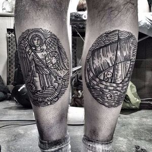 Stunning matching tattoos by Horikola #Horikola #medievalart #stgeorge #dragon #ship