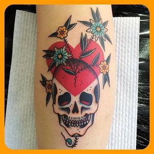 Skull Flower Heart Tattoo by Leonie New #RedHeart #RedHeartTattoos #RedHeartTattoo #HeartTattoos #ClassicHeartTattoo #TraditionalHeart #TraditionalHeartTattoos #LeonieNew