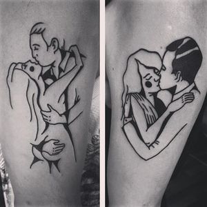 Romantic couple blackwork tattoos by Horny Pony. #blackwork #HornyPony #romantic #couple #kissing