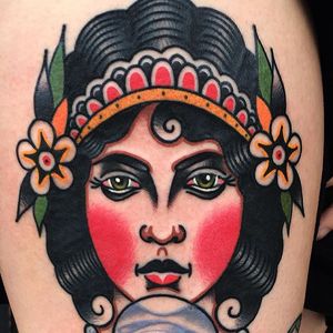 Fortune Teller Details by Phil DeAngulo (via IG-midwestphil) #woman #ladyhead #traditional #color #fortuneteller #PhilDeAngulo