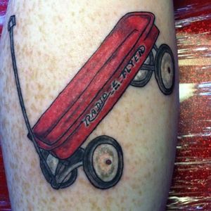 Radio flyer tattoo (via IG -- cat_at_metanoiatattooparlour) #radioflyer #wagon #redwagon #wagontattoo #redwagontattoo #Littleredwagontattoo