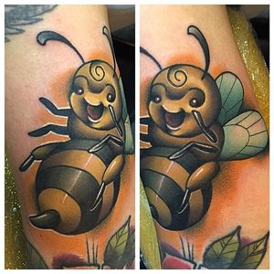 Awesome use of color! Tattoo done by Pat Bennett #vibrant #bee #whasp #color #colorful #solid #PatBennett