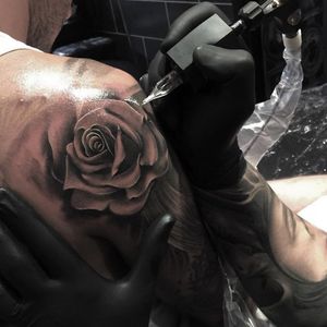 Black and grey realism rose tattoo by respected artist Aron Cowles #AronCowles #tattoo #rose #realism