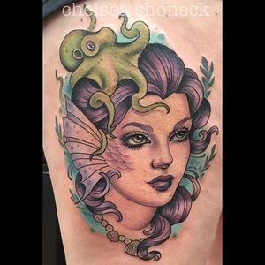 Mermaid by Chelsea Shoneck (via IG-chelseashoneck) #neotraditional #color #girlsgirlsgirls #ladyheads #ChelseaShoneck