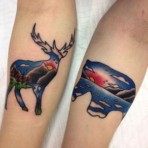 Double exposure deer and polar bear nature tattoos by James Ghrey. #traditional #newtraditional #JamesGhrey #nature #deer #polarbeer #doubleexposure