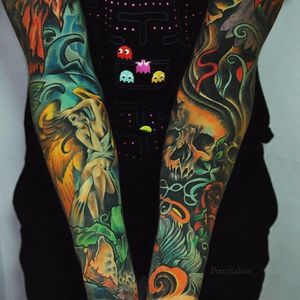 Skull Sleeve Tattoo by Alexander Pozniakov #sleeve #sleevetattoo #sleeveinspiration #ukrainianartist #ukrainetattoo #AlexanderPozniakov