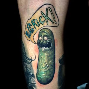 Rick and Morty tattoo by Ben Kaye #BenKaye #tvtattoo #color #realism #realistic #hyperrealism #pickle #picklerick #RickSanchez #text #quote #font #foodtattoo #adultswim #rickandmorty #scifi #tattoooftheday