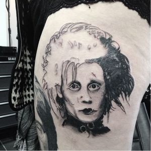 One of the coolest in progress Edward Scissor Hands Johnny Depp tattoos by Arran Ballington. #portrait #portraittattoo #blackandgrey #edwardscissorhands #edwardscissorhandstattoo #realism #realistictattoo