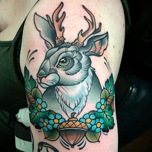 Jackalope tattoo by Amanda Slater. #jackalope #fable #imaginary #animal #antler #rabbit #AmandaSlater