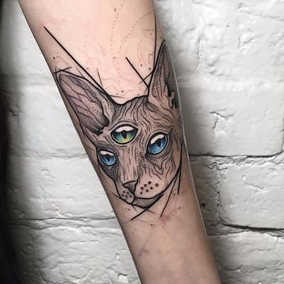 Third Eye Sphynx by Anastasia Slutskaya #AnastasiaSlutskaya #color #blackandgrey #linework #dotwork #sphynx #cat #thirdeye #allseeingeye #abstract #tattoooftheday