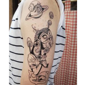 Surrealistic tattoo by Kim Tran #KimTran #illustrative #graphic #blackwork #portrait #surrealistic #fish #owl #mushroom