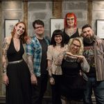 The 8 of Swords gang at the opening reception for Zoe Bean's solo art exhibition "Keepsake" at 8 of Swords Tattoo. Photo credit Ann Marie Amick (IG -- am_amick) cropped by Tattodo staff #eightofswords #zoebean #keepsake