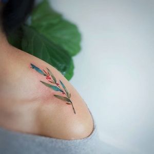 Cherry tattoo by Tattooist G. NO. #TattooistGNO #GNO #GNOtattoo #fineline #pastel #watercolor #cherry