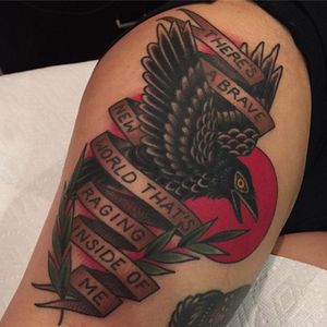 A raven with lyrics from  "FuckMyLife666" by Against Me! on a banner via Becca Genné-Bacon (IG—beccagennebacon). #bangers #BeccaGennéBacon #raven #traditional #againstme
