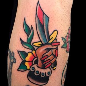Hand holding a sword. Rad tattoo by Aldo Rodriguez. #AldoRodriguez #GrandUnionTattoo #traditionaltattoo #boldtattoos #sword #hand