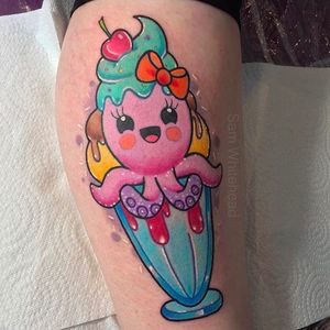 Happy Sundae Tattoo by Sam Whitehead @Samwhiteheadtattoos #Samwhiteheadtattoos #Colorful #Girly #Girlytattoo #Neotraditional  #Blindeyetattoocompany #Leeds #UK #Sundae #icecream