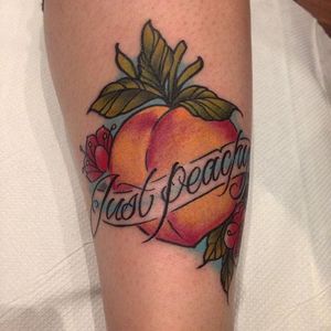 Neo traditional peach and script tattoo by Ben O'Carroll. #noetraditional #script #lettering #phrase #fruit #peach #BenOCarroll