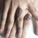 Matching tattoos by Anna Neudecker #AnnaNeudecker #hearttattoos #linework #coupletattoo #matchingtattoo #anatomicalheart #marriagetattoo #ringtattoo #heart #love #marriage #couple #small #minimal