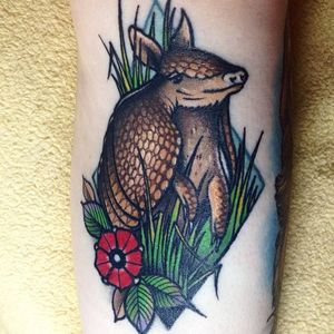Armadillo tattoo by Andrew John Smith. #traditional #armadillo #grass #flower #AndrewJohnSmith