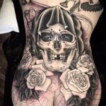 Reaper and roses by Zac Scheinbaum #ZacScheinbaum #blackandgrey #oldschool #spiderweb #reaper #death #skull #rose #leaves #cloak #flowers #bones #scythe #backpiece #tattoooftheday