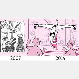 A fun take on the difference between 2007's and 2014's strip clubs by Erika Moen (IG— fuckyeaherikamoen). #comics #ErikaMoen #fineart #sexeducation #sexpositive