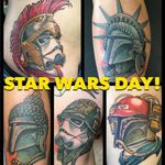 A collage of Adam Guy Hays' badass and bizarre Star Wars tattoos (IG—adamguyhays). #AdamGuyHays #NYC #RedRocketTattoo #RogueOne #StarWars #StarWarsDay