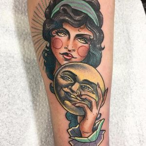 Me and the man in the moon by Guen Douglas #GuenDouglas #color #traditional #newtraditional #ladyhead #portrait #moon #dots #hand #lady #tattoooftheday