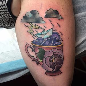 A storm in a very pretty floral tea cup. #KittyDearest #neotraditional #teacup #storm #clouds #rain #lightning #ocean